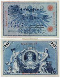 Банкнота 100 марок 1908 года. Германия (номер красный)