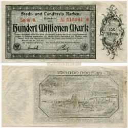 Банкнота (гросгельд)  100 миллионов марок 1923 года. Аахен (Германия)