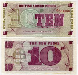 Банкнота (ваучер) 10 новых пенсов образца 1972 года. Британские вооруженные силы.