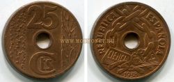 Монета 25 сентимов 1938 года. Испания