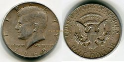 Монета серебряная 1/2 доллара 1965 года. США