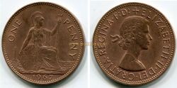 Монета 1 пенни 1967 года. Великобритания