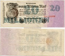 Банкнота (гросгельд) 20 миллионов марок 1923 года. Веймарская республика (Германия)