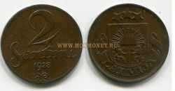 Монета 2 сантима 1928 года. Латвия.