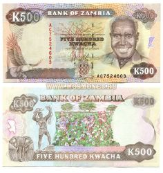 Банкнота 500 квача  1991 года Замбия