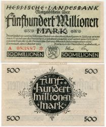 Банкнота (гросгельд) 500 000 000 марок 1923 года. Народная республика Гессен (федеральная земля Гессен, Германия), г. Дармштадт