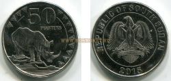Монета 50 пиастров 2015 года "Носорог". Южный Судан