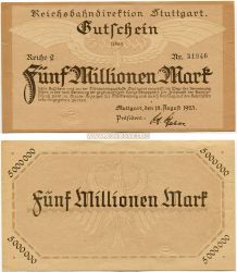 Банкнота (гросгельд) 5 миллионов марок 1923 года. Штутгарт (Германия)