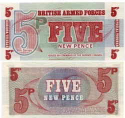 Банкнота (ваучер) 5 новых пенсов образца 1972 года.Британские вооруженные силы.