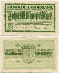 Банкнота (гросгельд) 10 000 000 марок 1923 года. Народная республика Гессен (федеральная земля Гессен, Германия), г. Дармштадт